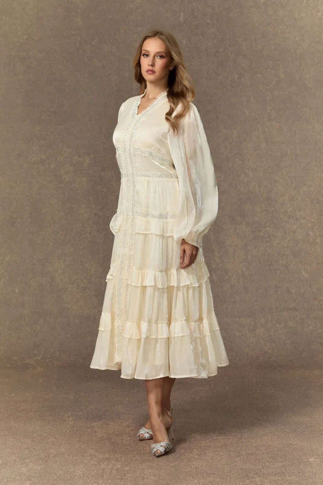 Elvine — White Ruffle V-Neck Tiered Midi Dress