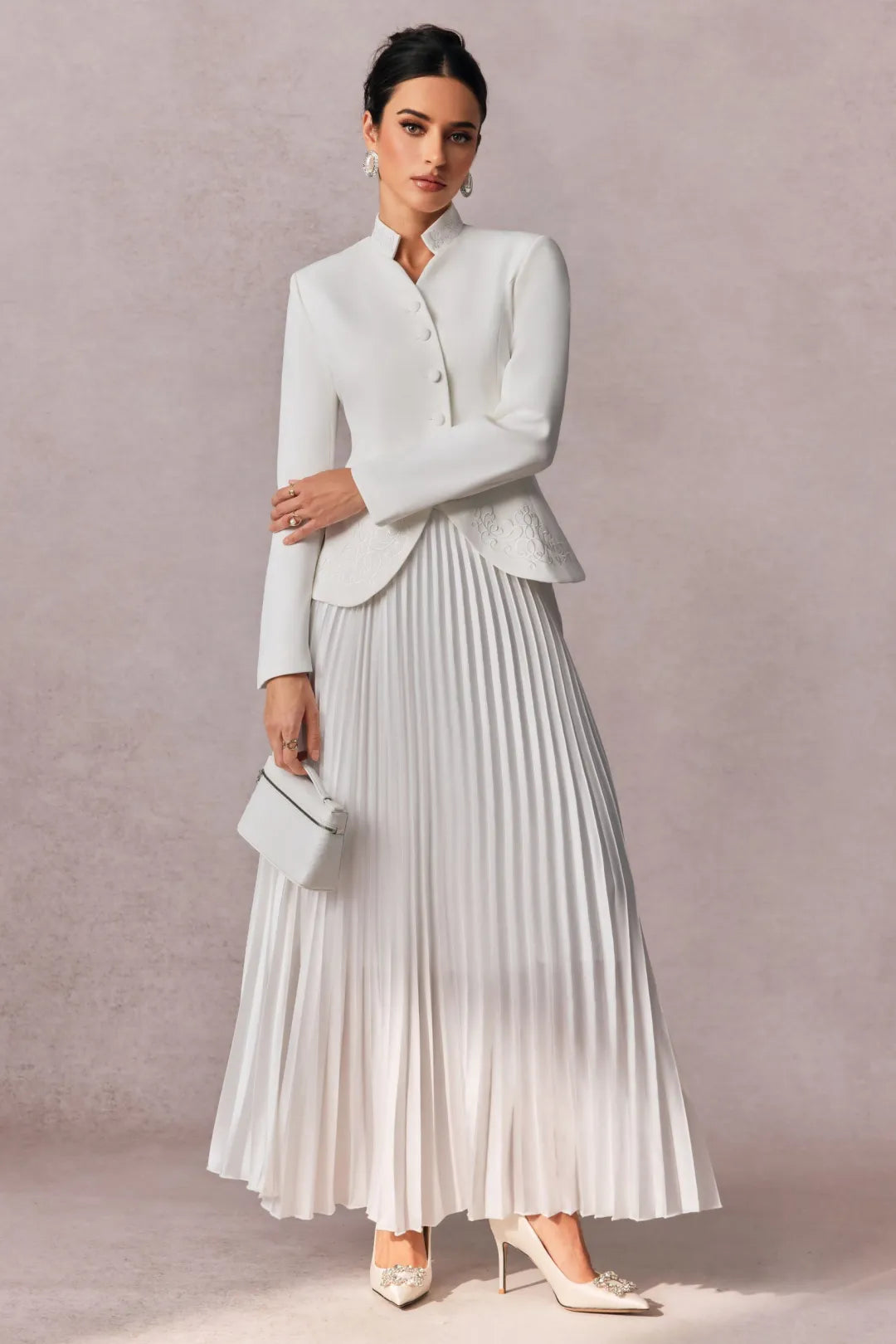 Christine — Embroidered Blazer & Pleated Satin Skirt Set