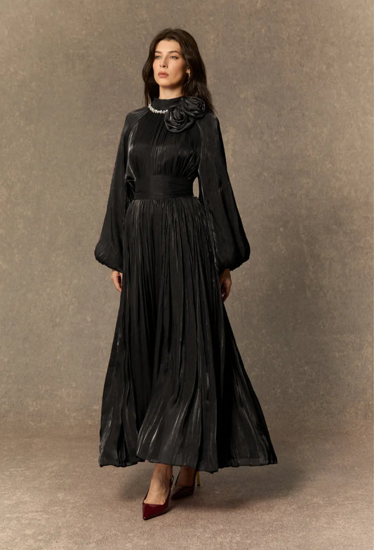 Anastasia | Pearl Collar Rosette Pleated Maxi Dress