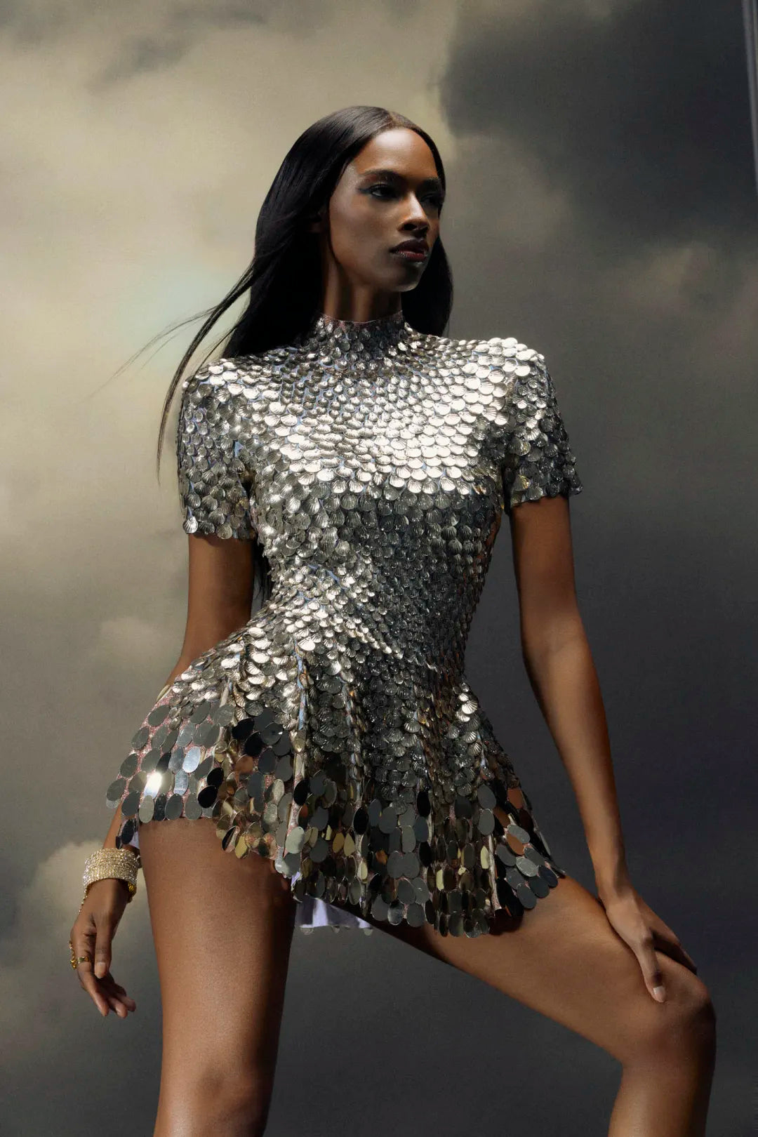Naïa — Shell Sequin Turtleneck Flared Mini Dress