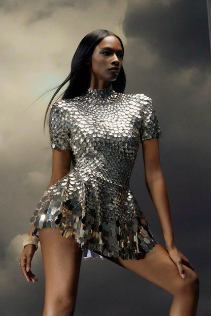 Naïa — Shell Sequin Turtleneck Flared Mini Dress