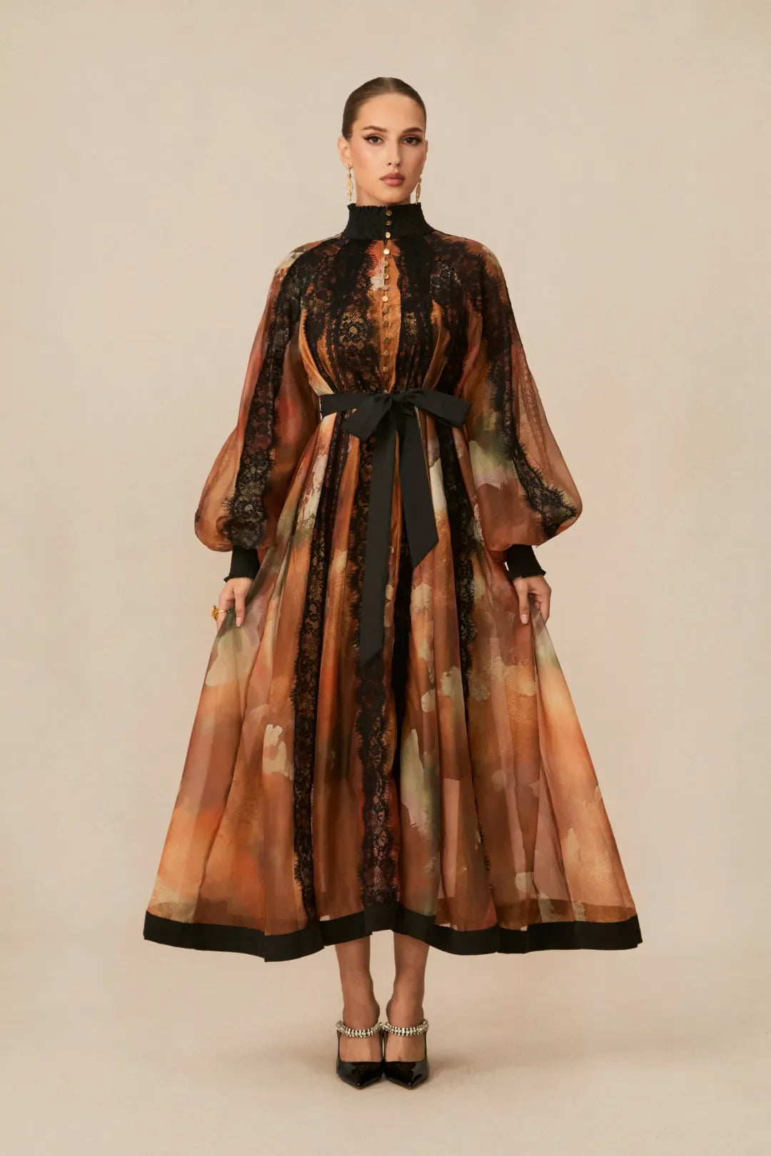 Alluring —  Orange Lace-Panel Midi Dress