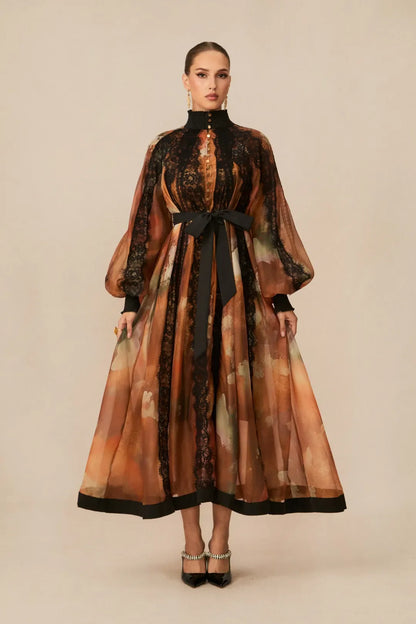 Alluring —  Orange Lace-Panel Midi Dress
