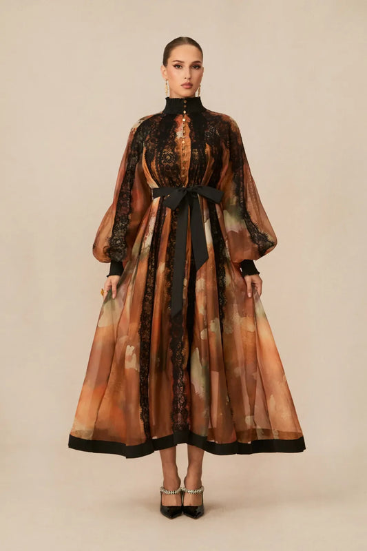 Alluring —  Orange Lace-Panel Midi Dress