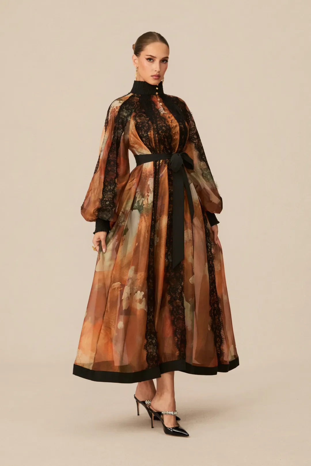Alluring —  Orange Lace-Panel Midi Dress