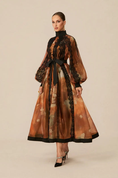 Alluring —  Orange Lace-Panel Midi Dress