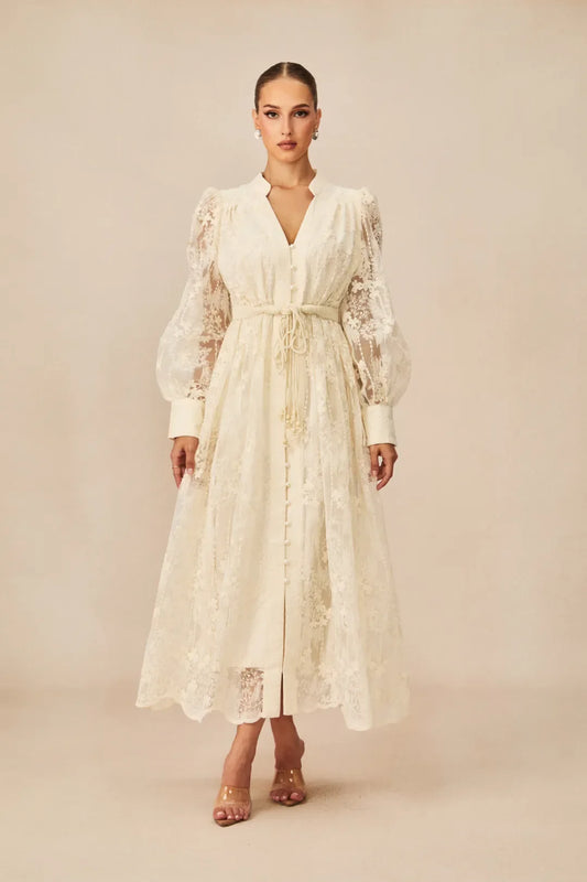Madeline —  V-Neck Lace Embroidered Midi Dress
