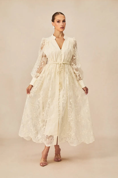 Madeline —  V-Neck Lace Embroidered Midi Dress