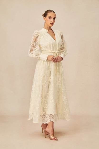 Madeline —  V-Neck Lace Embroidered Midi Dress