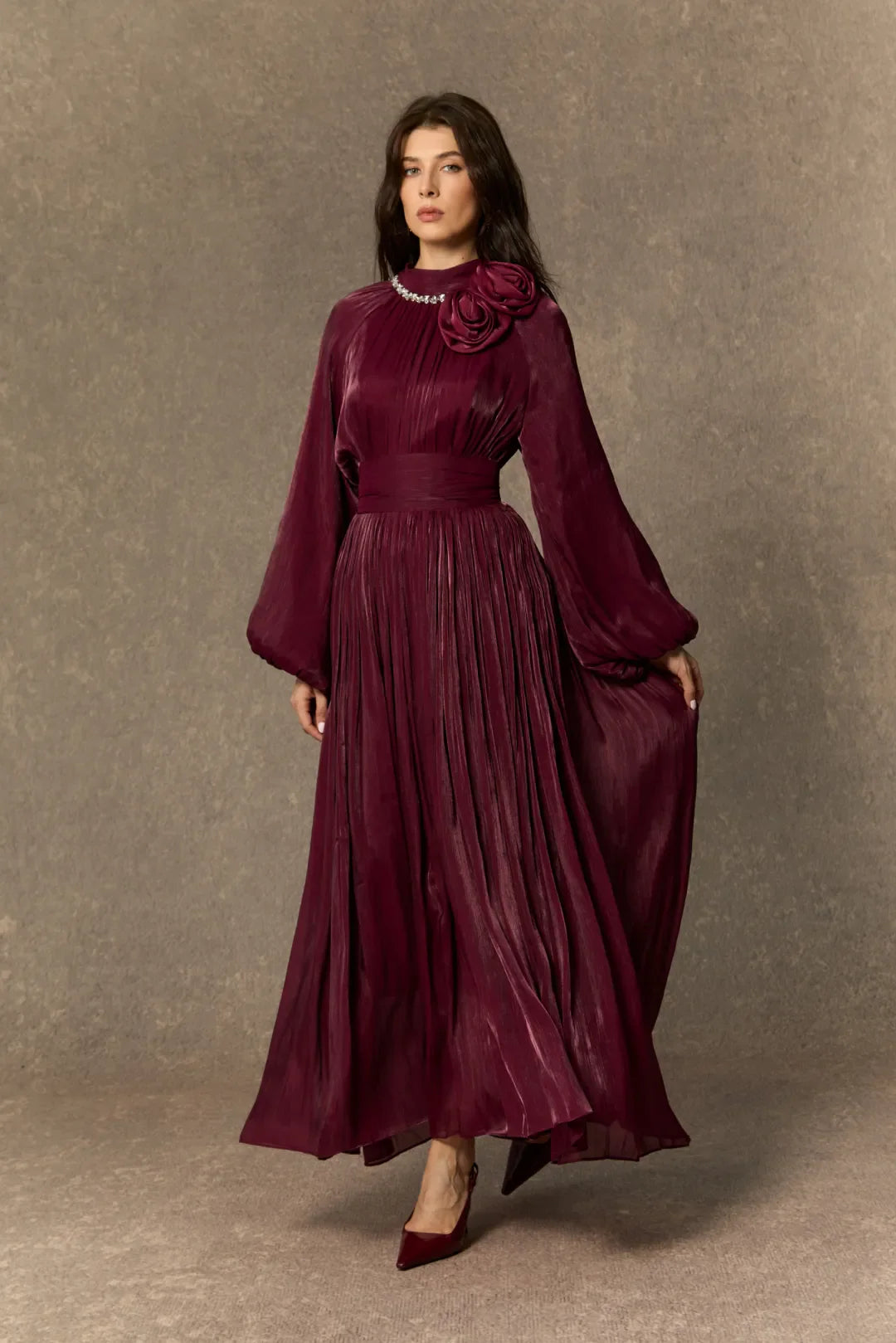 Anastasia | Pearl Collar Rosette Pleated Maxi Dress