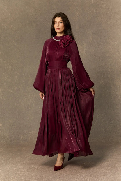 Anastasia | Pearl Collar Rosette Pleated Maxi Dress