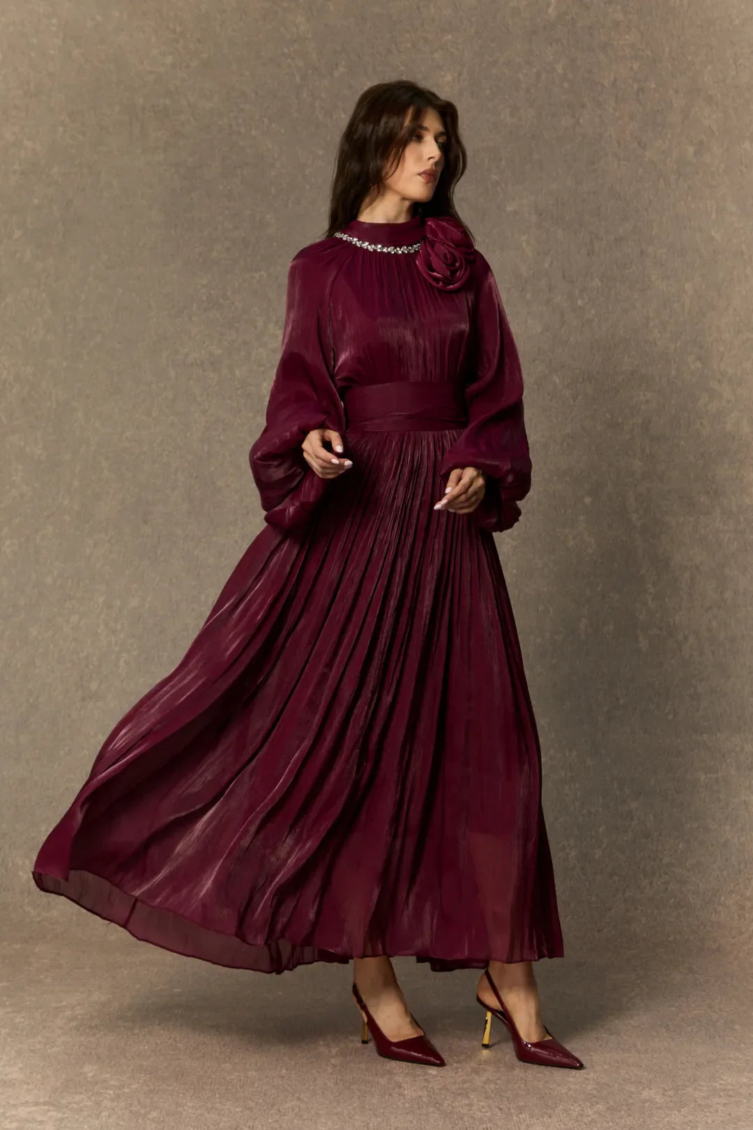 Anastasia | Pearl Collar Rosette Pleated Maxi Dress