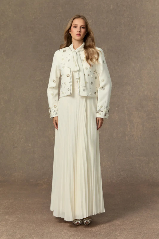 Maisson  —  White Embellished Jacket & Bow Pleated Dress Set