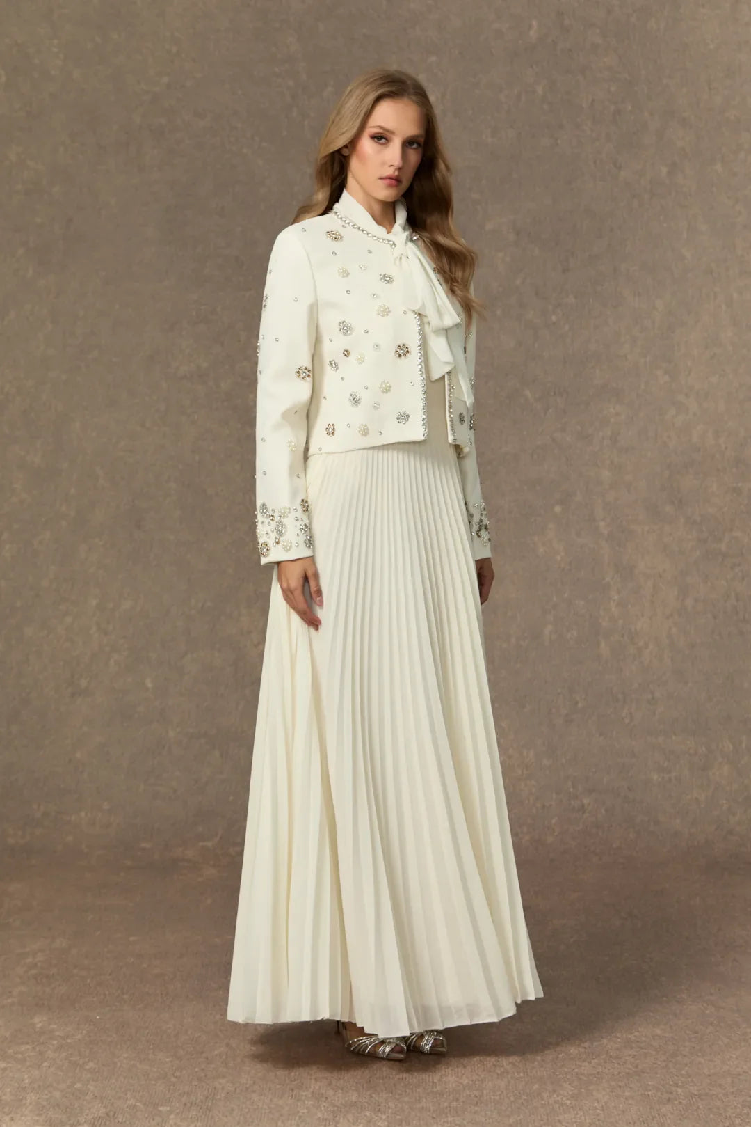 Maisson  —  White Embellished Jacket & Bow Pleated Dress Set