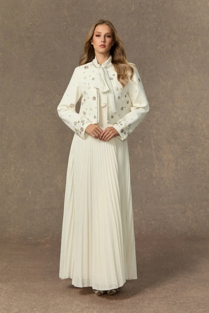 Maisson  —  White Embellished Jacket & Bow Pleated Dress Set