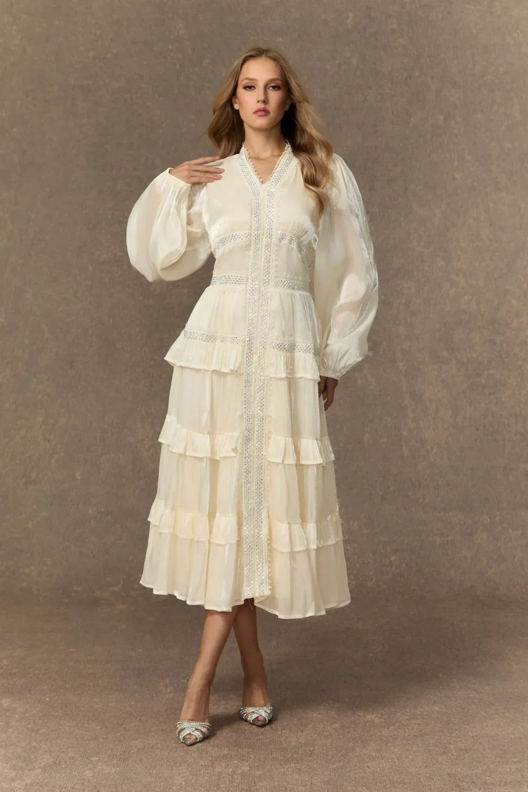 Elvine  — White Ruffle V-Neck Tiered Midi Dress