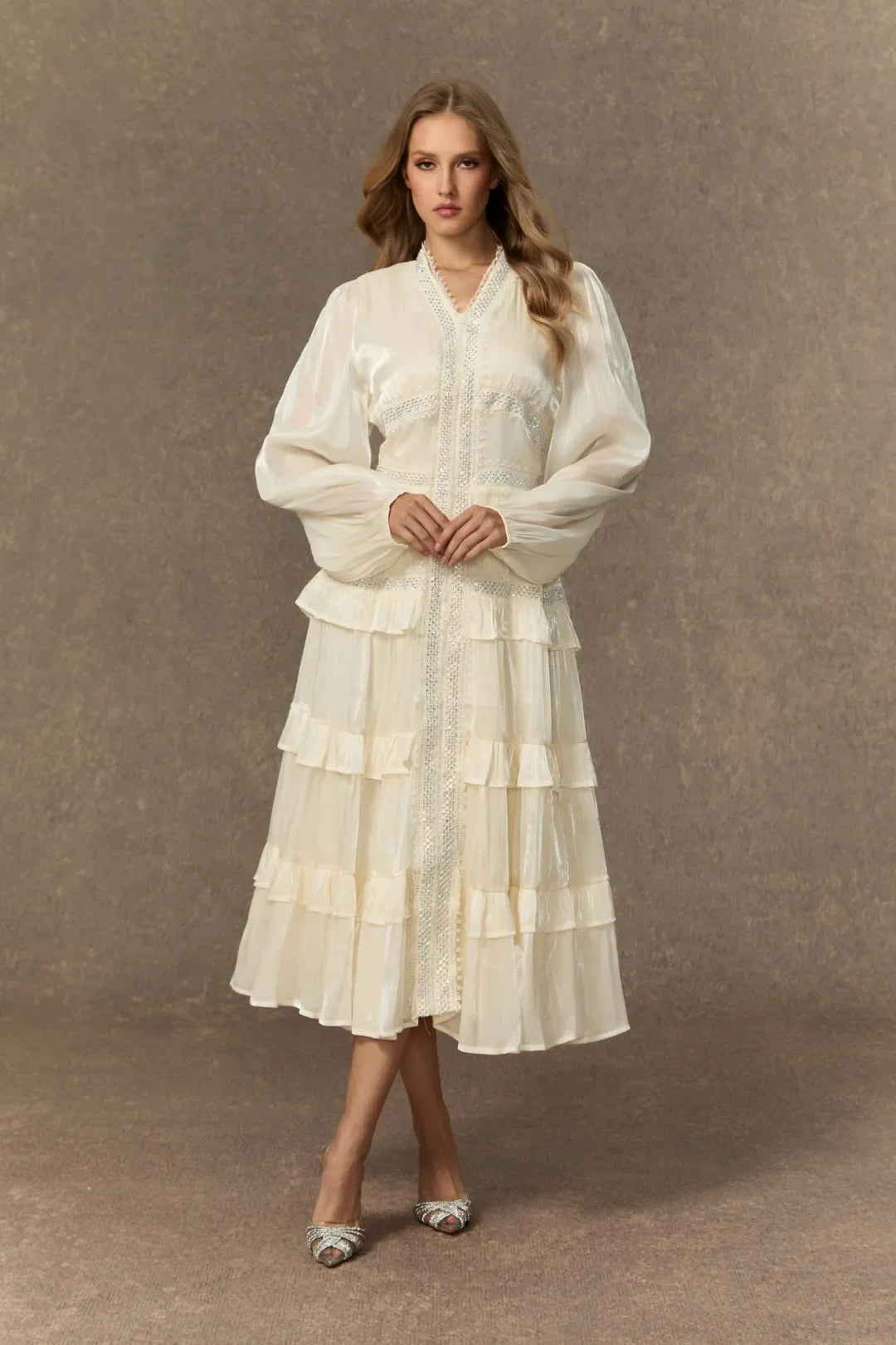 Elvine  — White Ruffle V-Neck Tiered Midi Dress