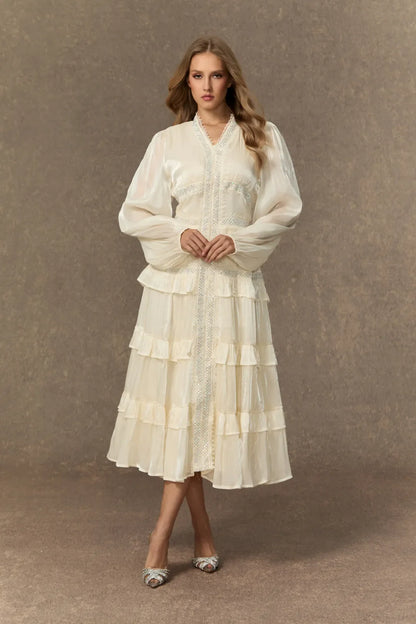 Elvine  — White Ruffle V-Neck Tiered Midi Dress