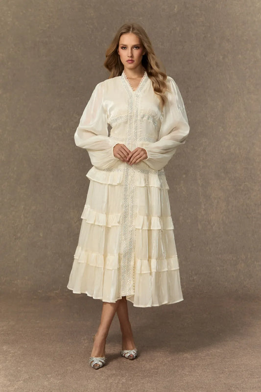 Elvine  — White Ruffle V-Neck Tiered Midi Dress