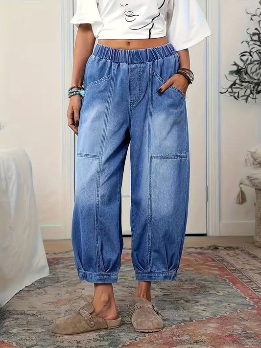 Denara — Elastic-Waist Loose-Fit Cropped Jeans