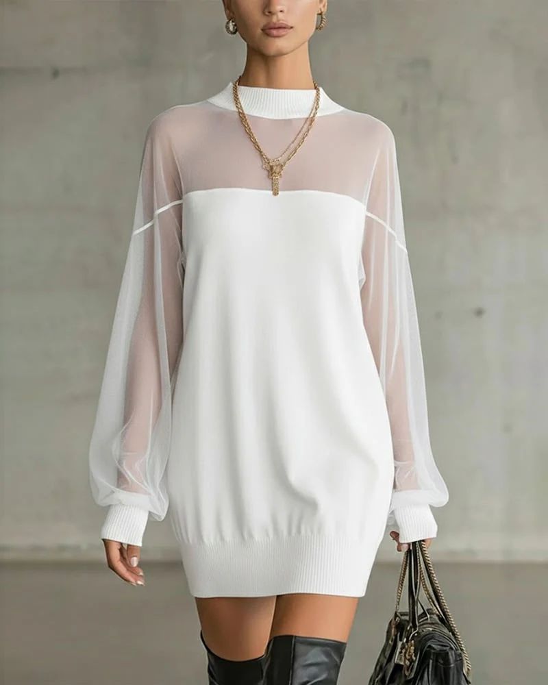 Clarève - Solid Patchwork Dress with Lantern Sleeves