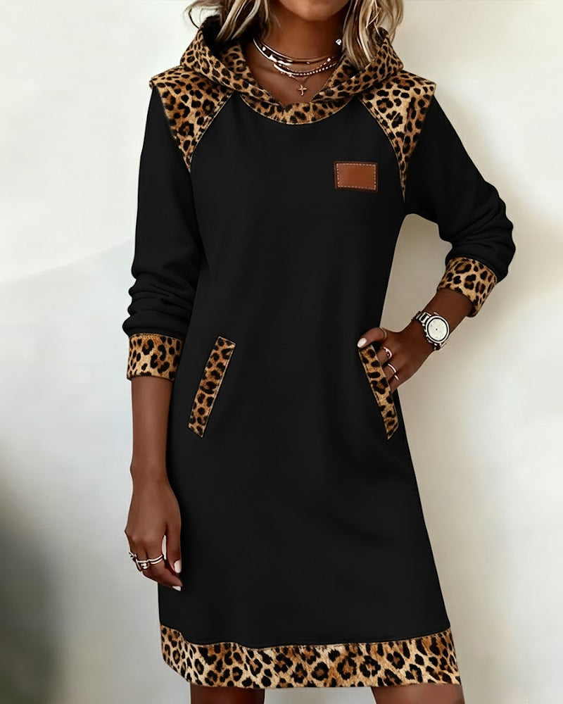 Félinne — Hooded Leopard Panel Relaxed Dress