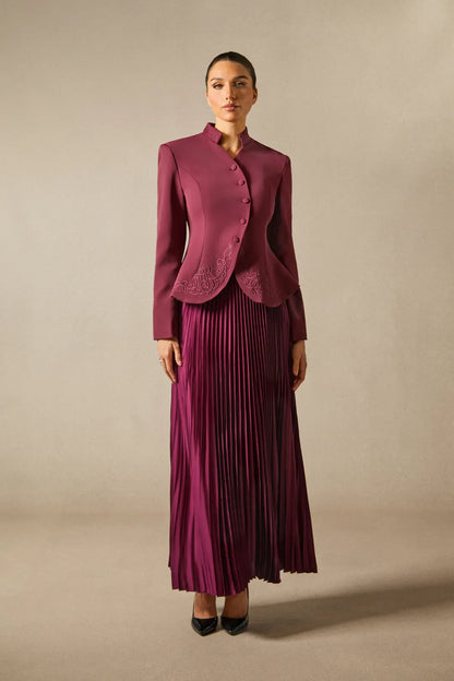 Christine   —  Embroidered Blazer & Pleated Satin Skirt Set