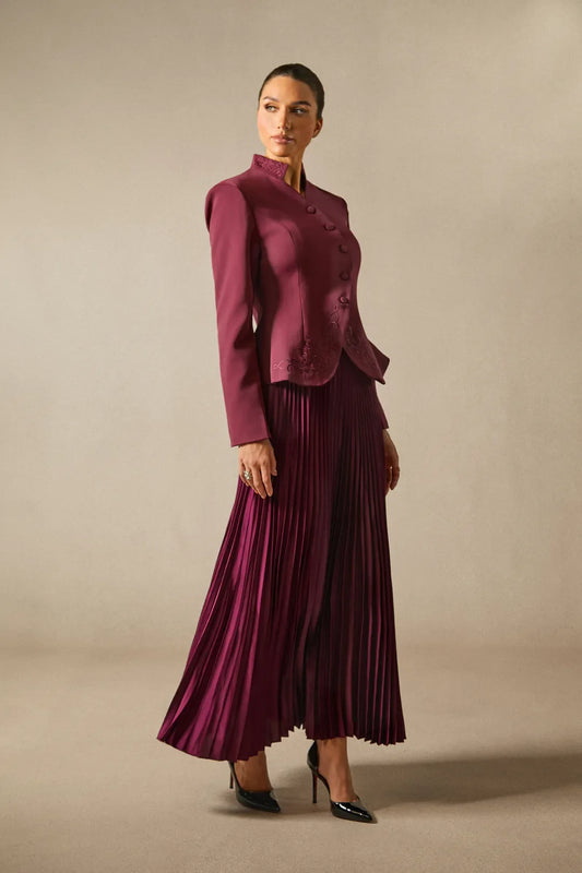 Christine   —  Embroidered Blazer & Pleated Satin Skirt Set