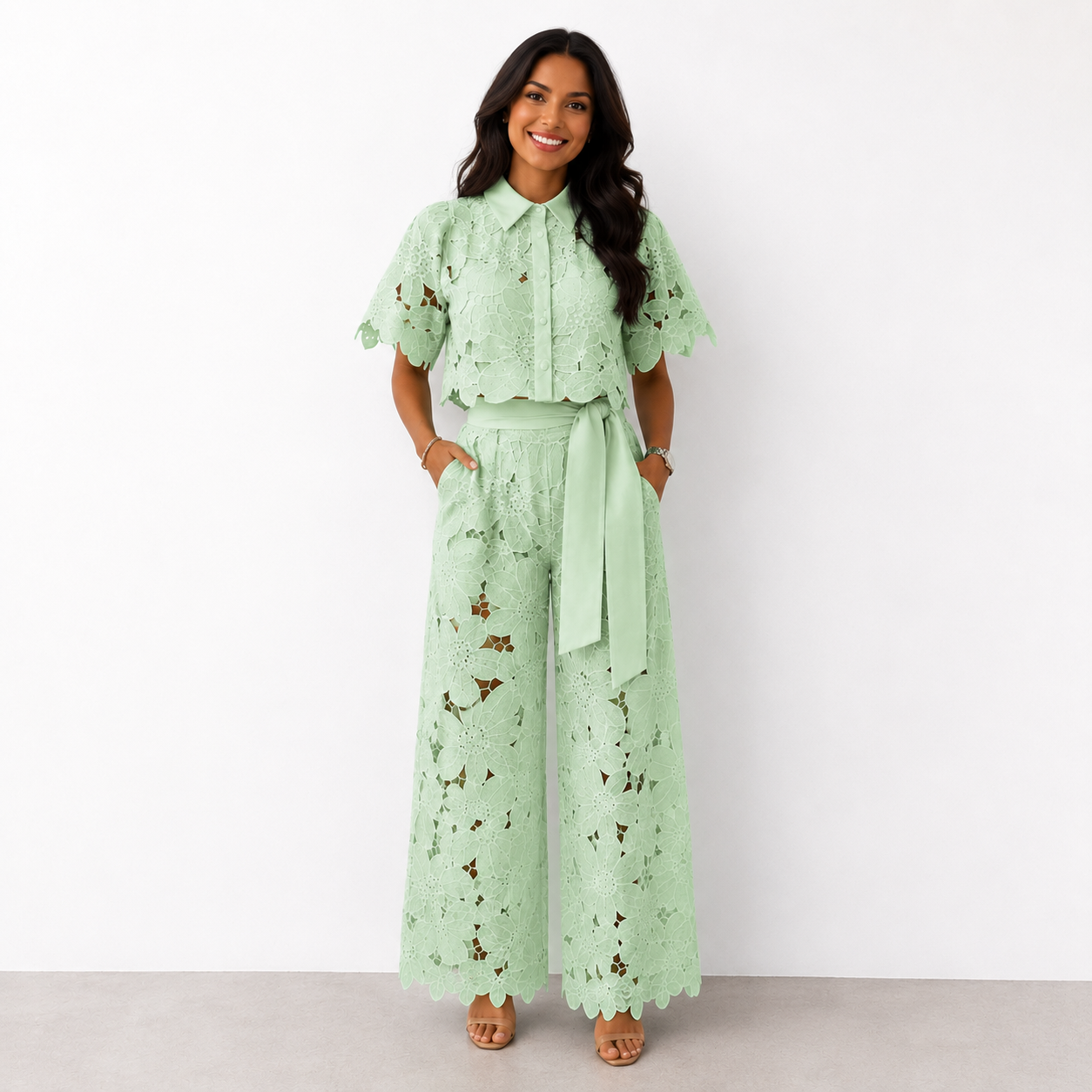 Isabela — Lace-Embroidered Blouse & Pants Set