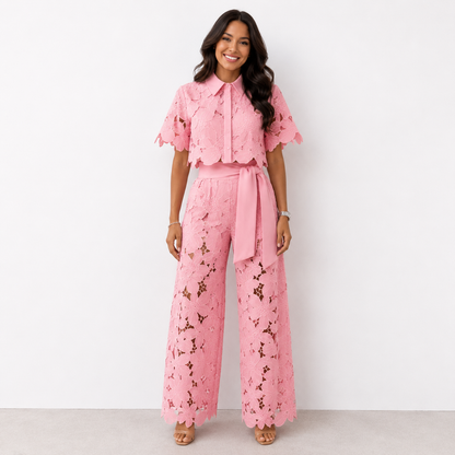 Isabela — Lace-Embroidered Blouse & Pants Set