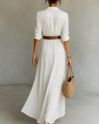 Elowen — White Linen Pleated Maxi Dress