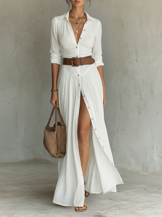 Elowen — White Linen Pleated Maxi Dress
