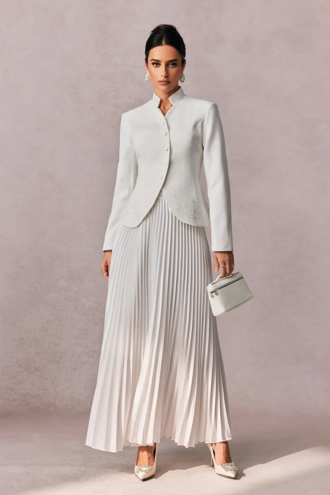 Christine   —  Embroidered Blazer & Pleated Satin Skirt Set