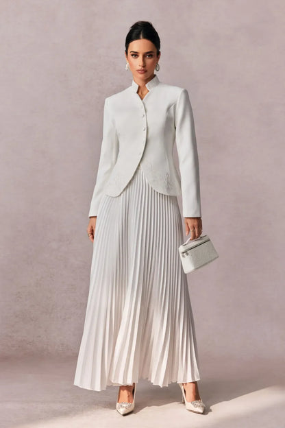 Christine   —  Embroidered Blazer & Pleated Satin Skirt Set