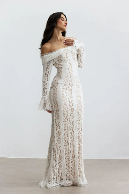 Emily —  Off-Shoulder Lace Fishtail Maxi Dress