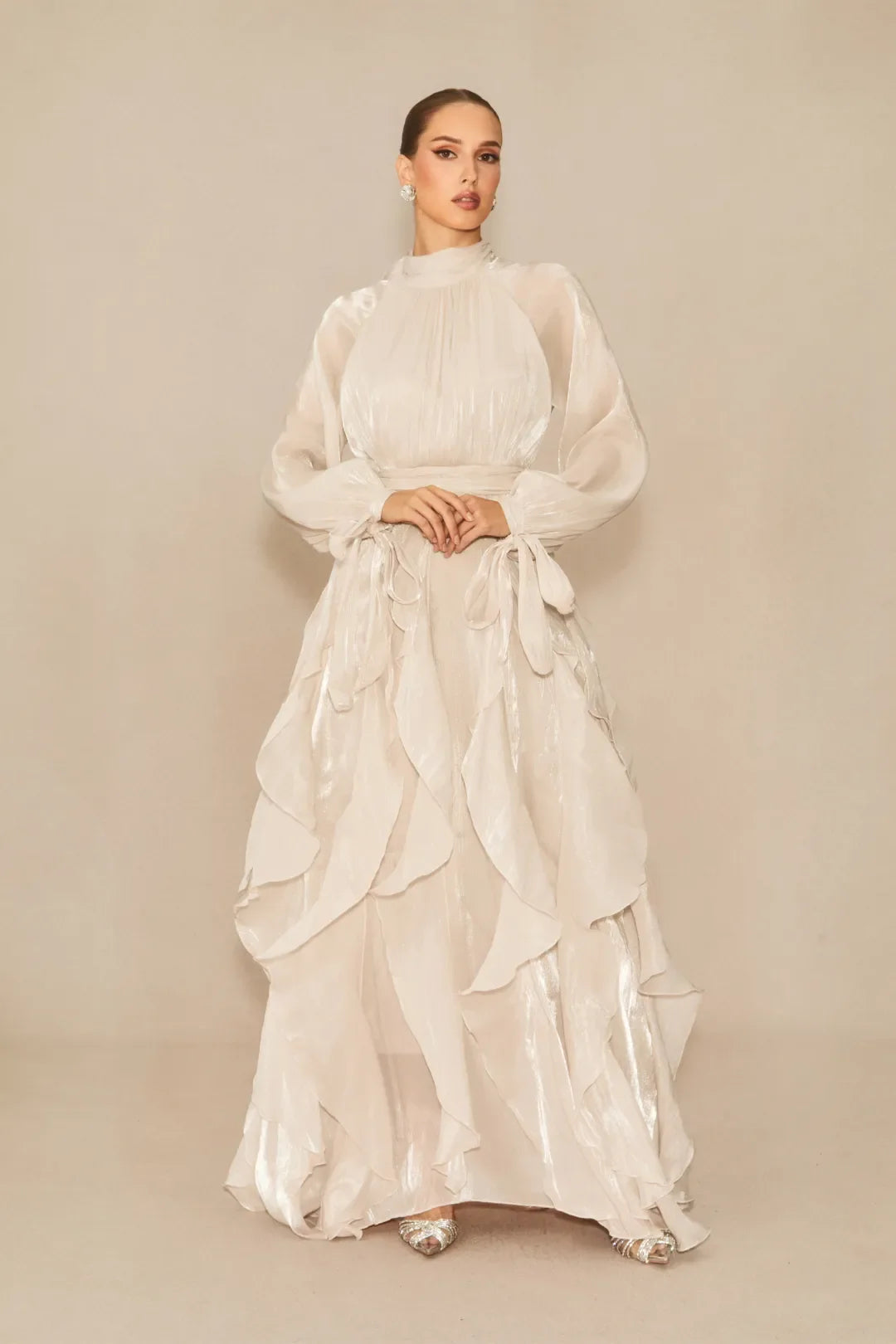 Estella - Puff Sleeve Ruffle Trim White Maxi Dress