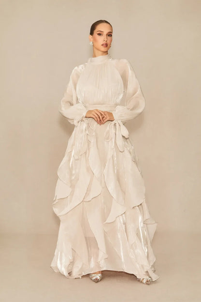 Estella - Puff Sleeve Ruffle Trim White Maxi Dress