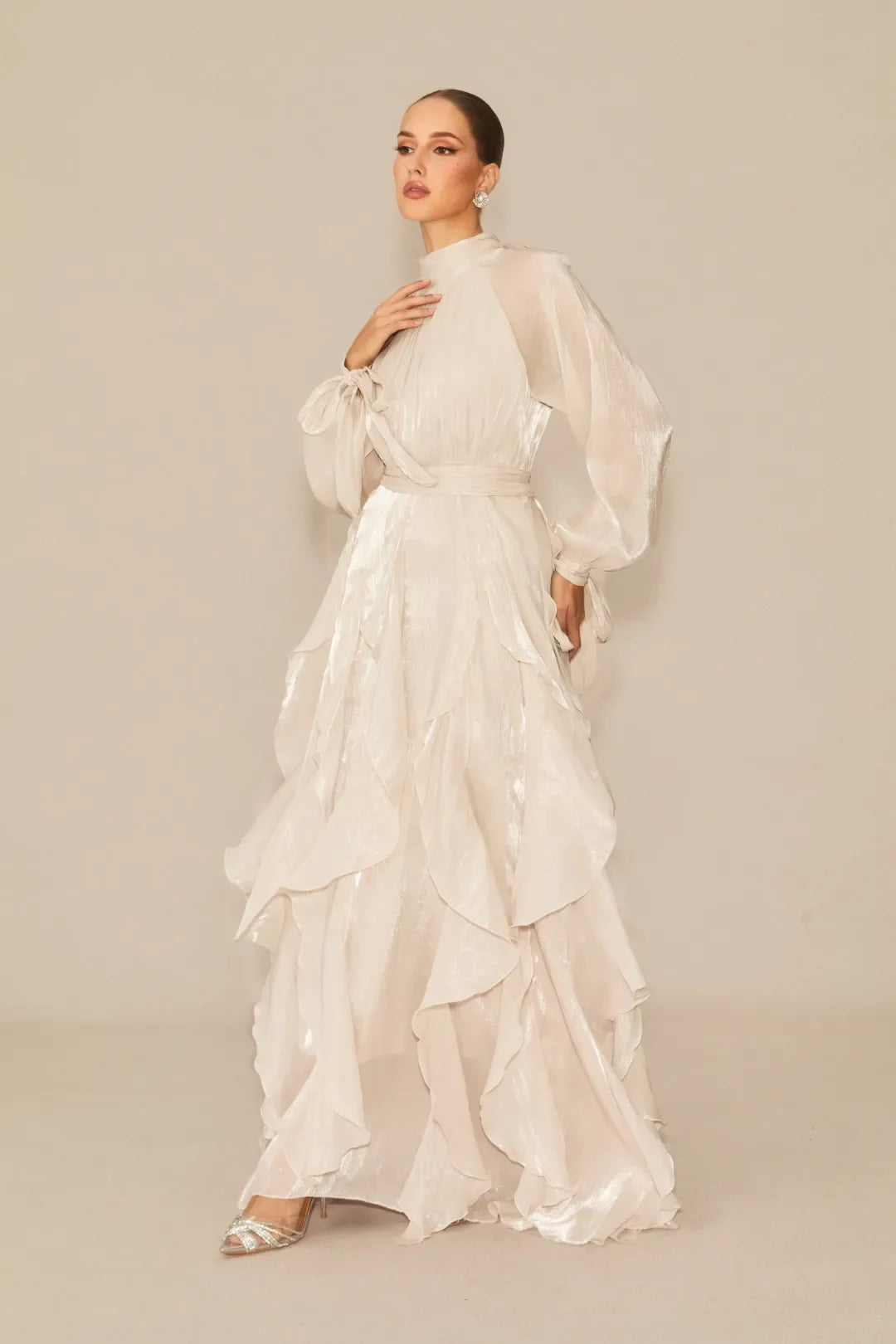 Estella - Puff Sleeve Ruffle Trim White Maxi Dress