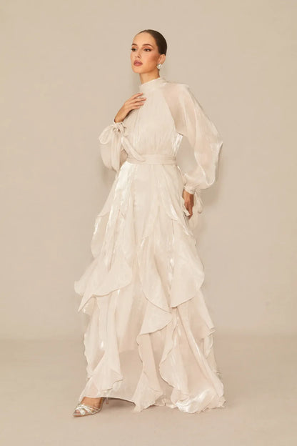 Estella - Puff Sleeve Ruffle Trim White Maxi Dress