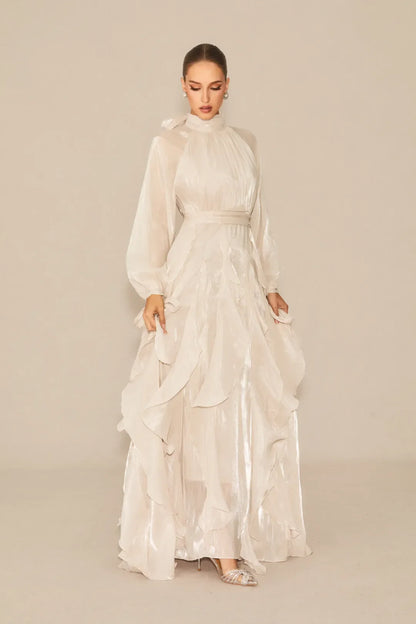 Estella - Puff Sleeve Ruffle Trim White Maxi Dress