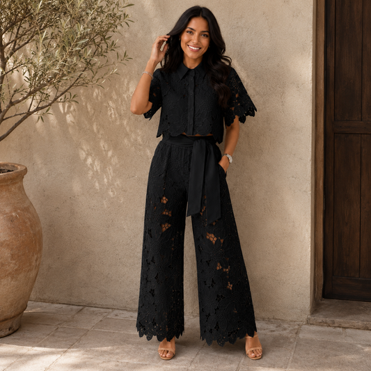 Isabela — Lace-Embroidered Blouse & Pants Set