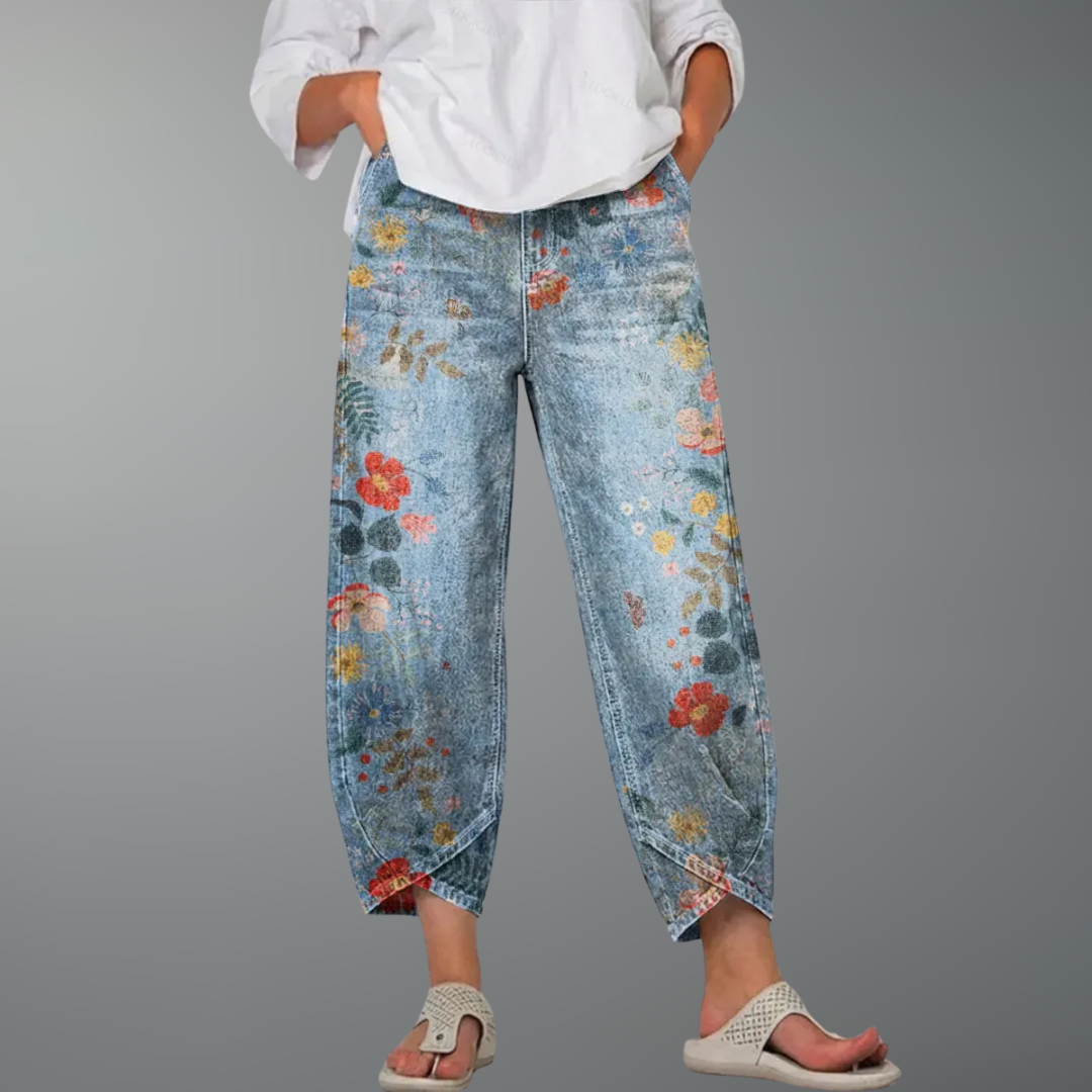 Delvène - Heart-Print Denim Ankle Trousers