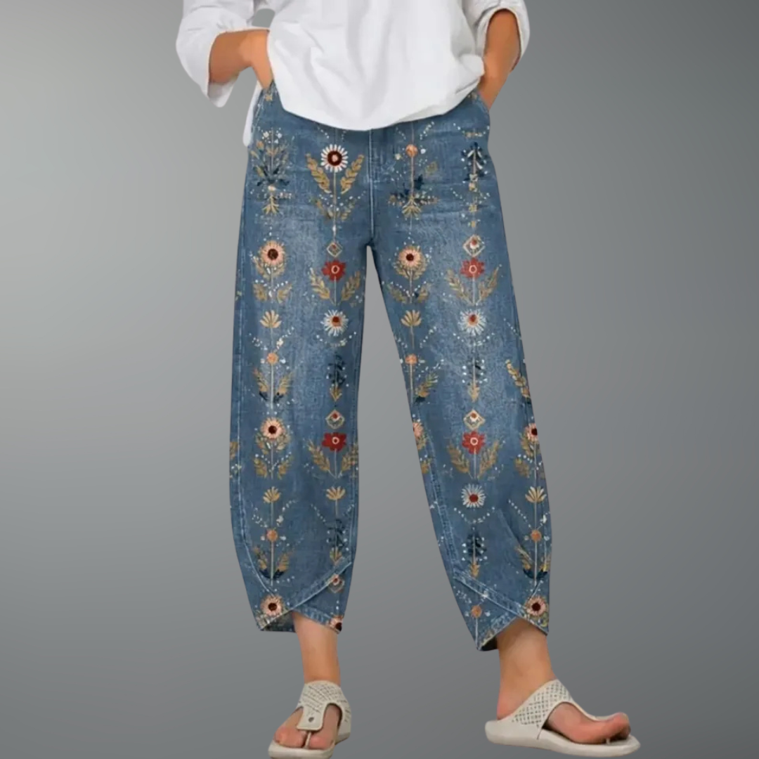Delvène - Heart-Print Denim Ankle Trousers