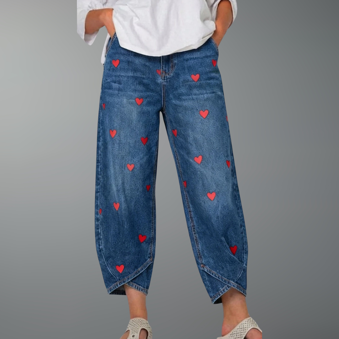 Delvène - Heart-Print Denim Ankle Trousers