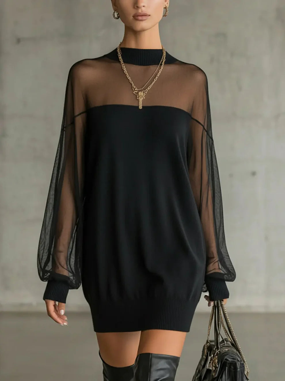 Clarève - Solid Patchwork Dress with Lantern Sleeves