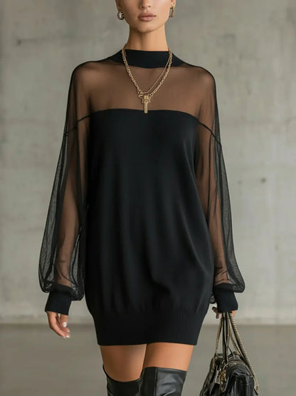 Clarève - Solid Patchwork Dress with Lantern Sleeves