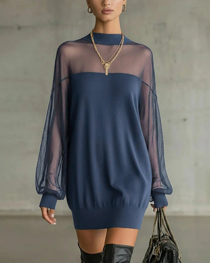 Clarève - Solid Patchwork Dress with Lantern Sleeves