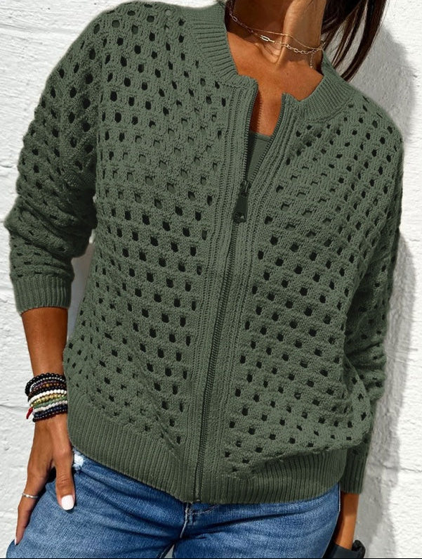 Solmaire — Hollow-Knit Zip-Up Cardigan