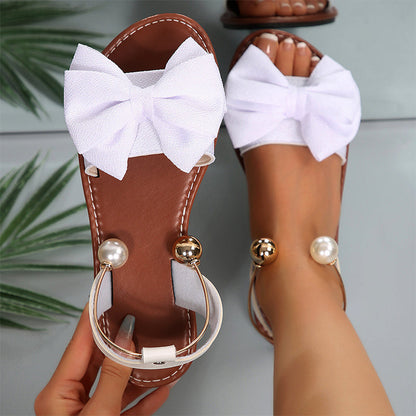 Perlette — Pearl-Buckle Bow Strap Sandals