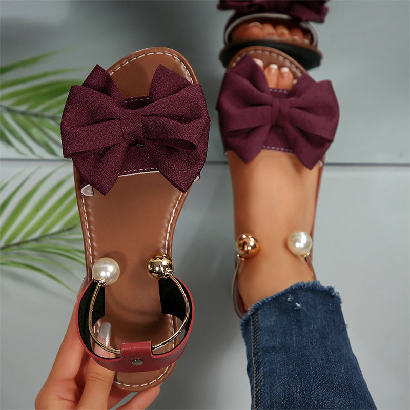 Perlette — Pearl-Buckle Bow Strap Sandals